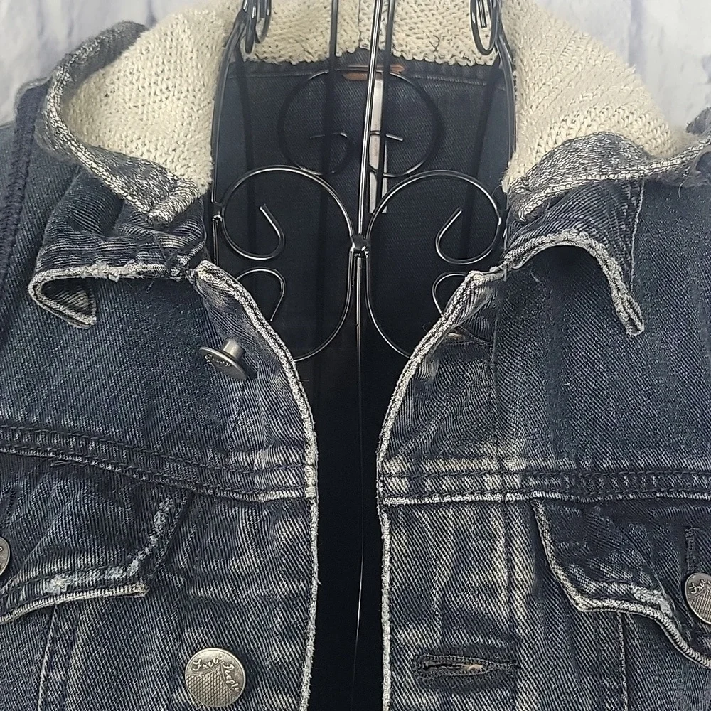 Free People Black Denim Mixed Media Short Hoodie Jacket‎ Small - Picture 3 of 11